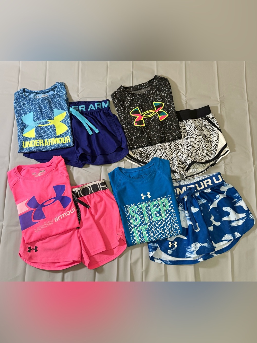 Lot 8-Pcs-Girls Under Armour Activewear Sets Shorts & T-Shirts-Pink/Blue/Black